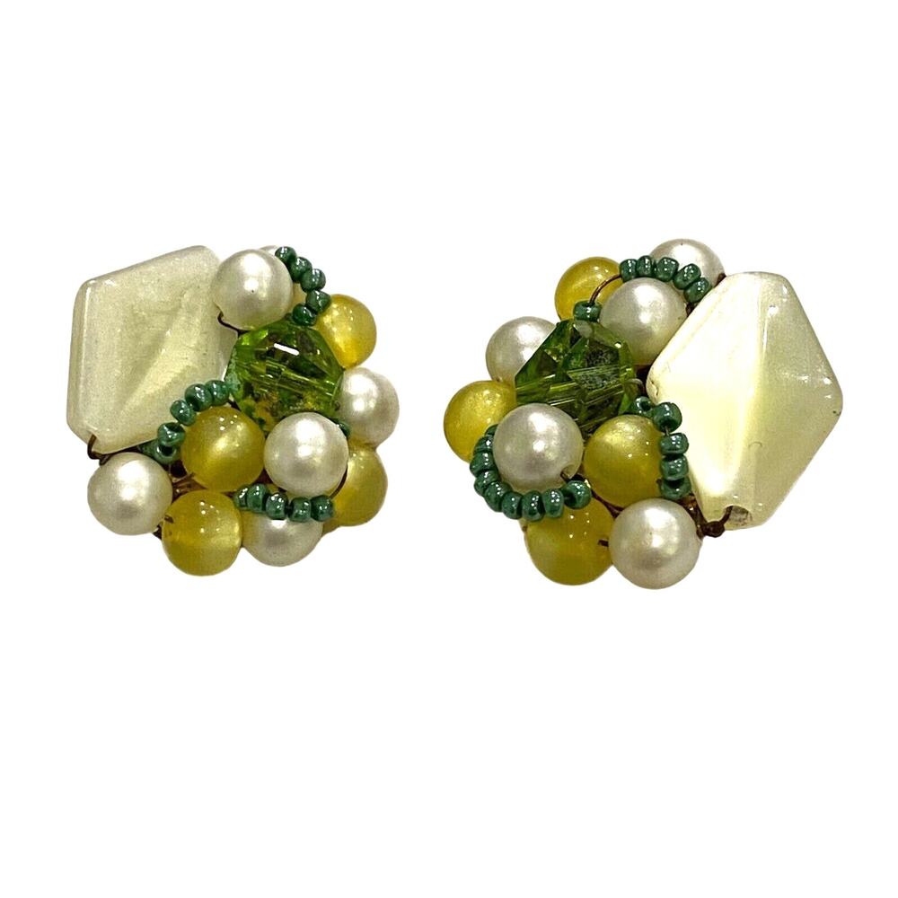 Vintage Mid Century Clip On Earrings Pearl Yellow Chartreuse Green Bead Clusters